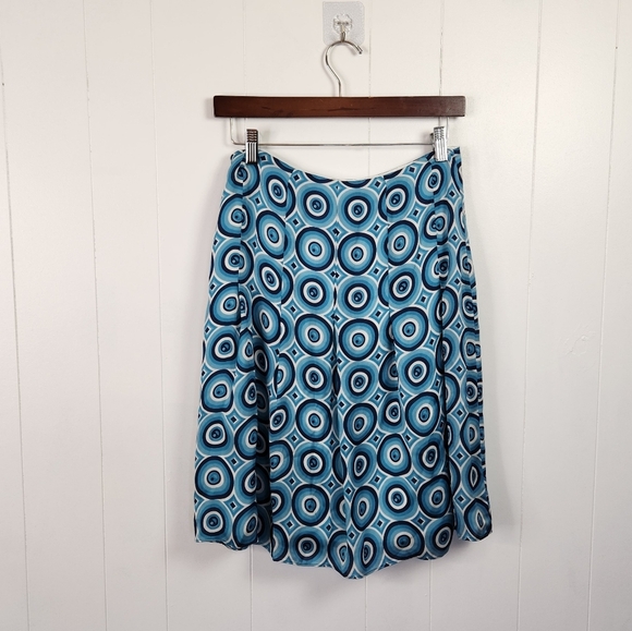 Ann Taylor 100% Silk Skirt A-line Pleated Lined Blues Geo Office Knee Length 0 - Picture 4 of 9